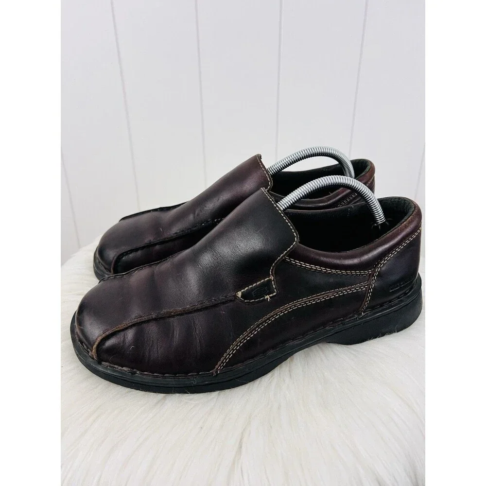 Skechers Brown Leather Slip On Loafers Chunky Bicycle Toe Retro Casual Shoes 10